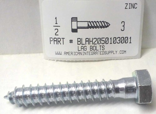 1/2X3 HEX HEAD LAG BOLT STEEL ZINC PLATED