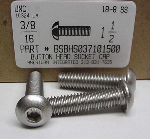 3/8-16X1-1/2 BUTTON HEAD SOCKET CAP SCREW 18-8 STAINLESS STEEL