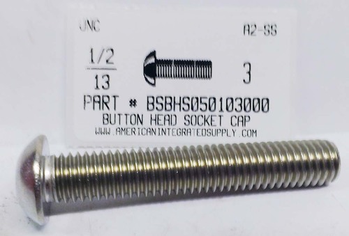 1/2-13X3 BUTTON HEAD SOCKET CAP SCREW 18-8 STAINLESS STEEL