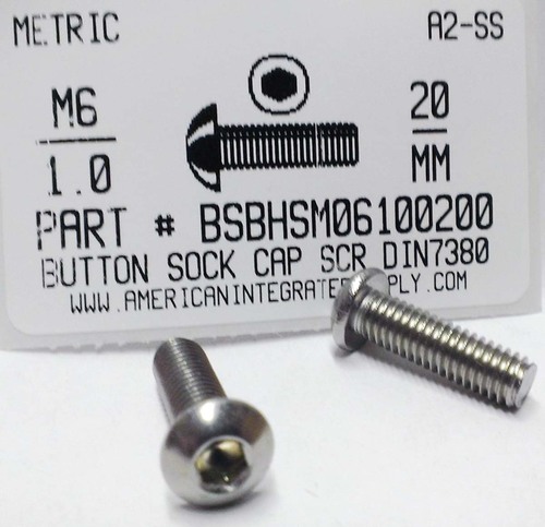 M6-1.00X20mm BUTTON HEAD SOCKET CAP SCREW A2 STAINLESS STEEL D7380