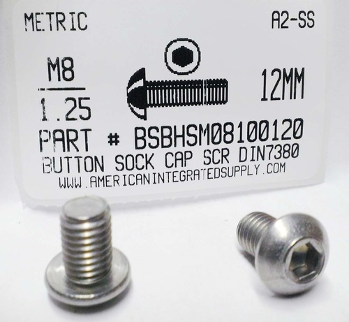 M8-1.25X12mm BUTTON HEAD SOCKET CAP SCREW A2 STAINLESS STEEL D7380