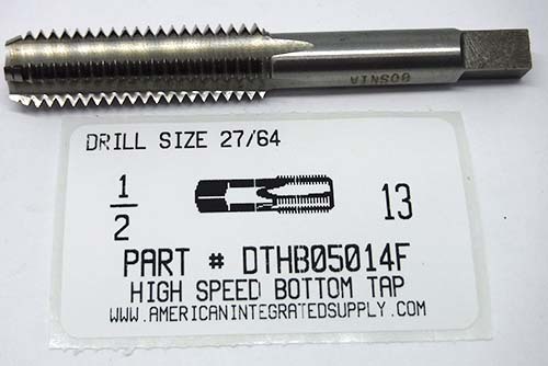 1/2-13 HIGH SPEED STEEL BOTTOM TAP 4 FLUTE DRILL SIZE 27/64