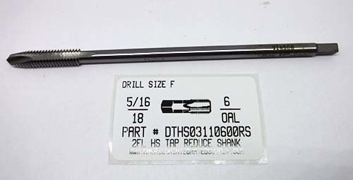 5/16-18X6" 2 FLUTE HS SPIRAL POINT PLG TAP REDUCED SHANK