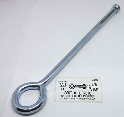 7/16X12 OAL BENT EYE BOLT W/NUT STL ZP 1-1/8" EYE ID 10-1/8" STEM 3-1/4 "THRD LENGT