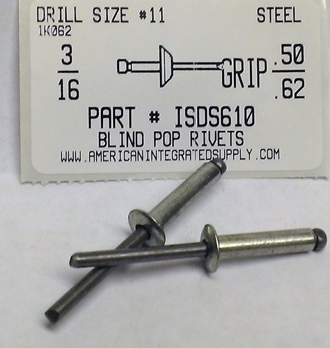 3/16 BLIND RIVET .501-.625 GRIP STEEL RIVET STEEL MANDREL