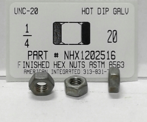 1/4-20 FINISHED HEX NUT GR2 STEEL HOT DIP GALVANIZED