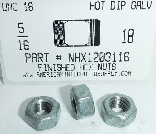 5/16-18 FINISHED HEX NUT ASTM A563 GRADE A STEEL HOT DIP GALVANIZED