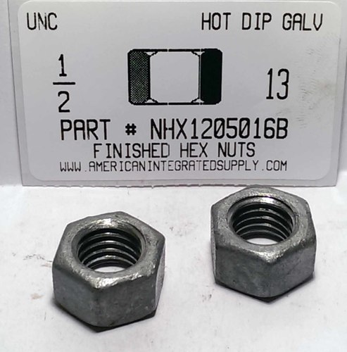 1/2-13 FINISHED HEX NUT ASTM A563 GRADE A STEEL HOT DIP GALVANIZED