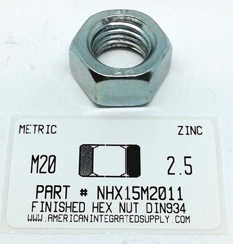 M20-2.50 FINISHED HEX NUT CLASS 8 STEEL ZINC PLATED D934