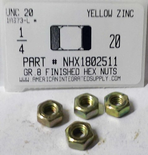 1/4-20 FINISHED HEX NUT GRADE 8 STEEL YELLOW ZINC PLATED