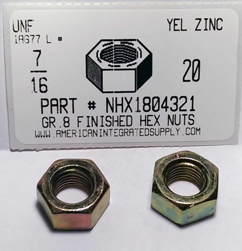 7/16-20 FINISHED HEX NUT GRADE 8  STEEL YELLOW ZINC PLATED