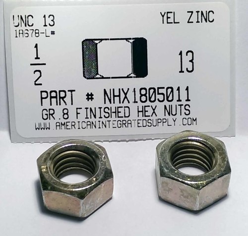 1/2-13 FINISHED HEX NUT GRADE 8 STEEL YELLOW ZINC PLATED