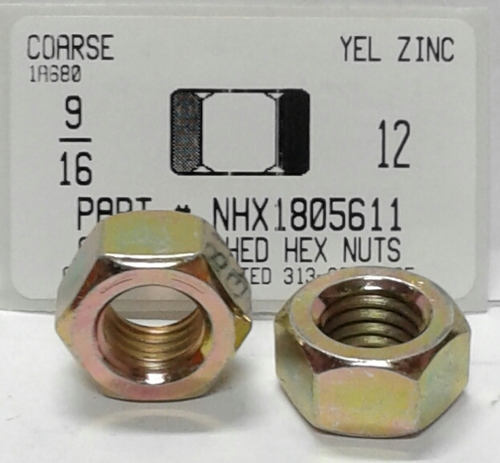 9/16-12 FINISHED HEX NUT GRADE 8  STEEL YELLOW ZINC PLATED