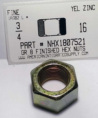 3/4-16 FINISHED HEX NUT GRADE 8 STEEL YELLOW ZINC PLATED