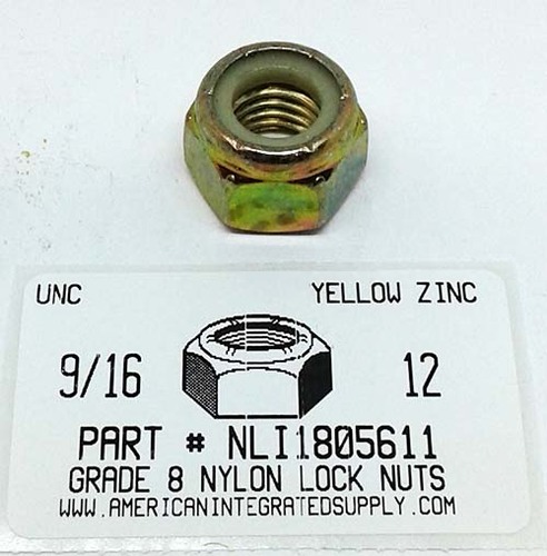 9/16-12 HEX NYLON INSERT LOCK NUT NE SERIES GRADE C STEEL YELLOW ZINC PLATED