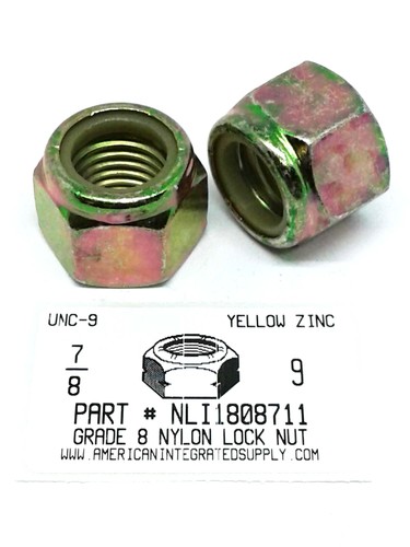 7/8-9 HEX NYLON INSERT LOCKNUT NE SERIES GRADE C STEEL YELLOW ZINC PLATED