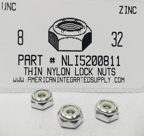 #8-32 THIN HEX NYLON INSERT LOCK NUT NTM STYLE STEEL ZINC PLATED