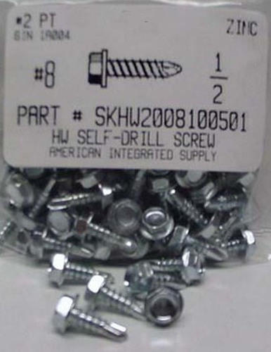 #8X1/2 HEX WASHER HEAD SELF DRILLING SCREWS #2 POINT STEEL ZINC PLATED