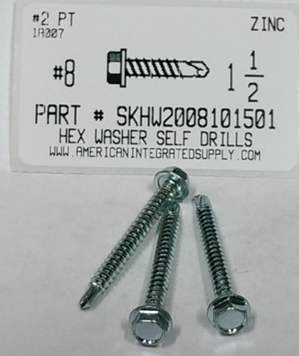 #8X1-1/2 HEX WASHER HEAD SELF DRILLING SCREW #2 POINT STEEL ZINC PLATED