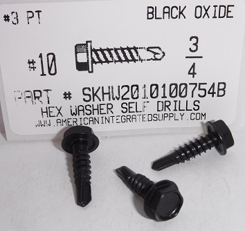 #10X3/4 HEX WASHER HEAD SELF DRILLING SCREW #3 POINT STEEL BLACK OXIDE