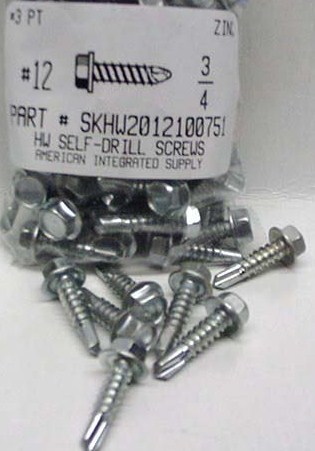 #12X3/4 HEX WASHER HEAD SELF DRILING SCREWS #3 POINT STEEL ZINC PLATED