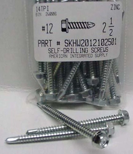 #12X2-1/2 HEX WASHER HEAD SELF DRILLING SCREW #3 POINT STEEL ZINC PLATED