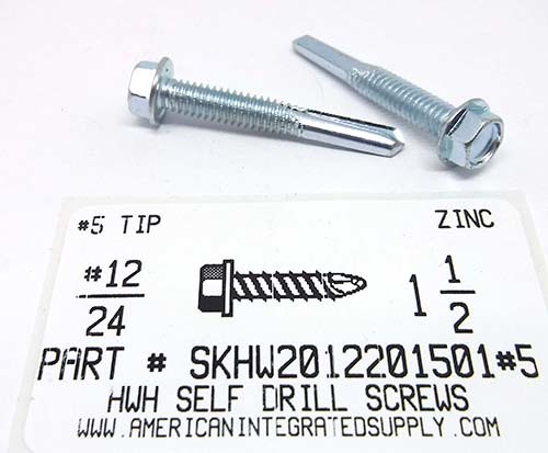 #12-24X1-1/2 HEX WASHER HEAD SELF DRILLING SCREW #5 POINT STEEL ZINC PLATED