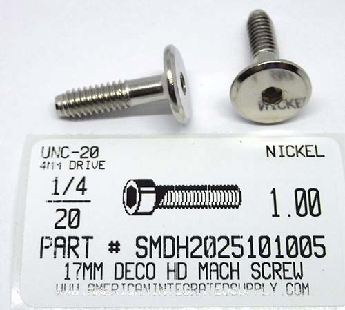 1/4-20X1 17MM DECORATIVE HEAD MACHINE SCREW STEEL NICKEL PLATED 4MM HEX DRIVE