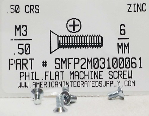 M3-.50X6mm FLAT HEAD PHILLIPS MACHINE SCREW STEEL ZINC D965