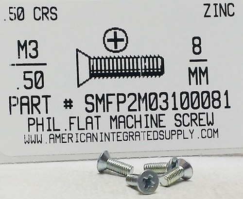 M3-.50X8mm FLAT HEAD PHILLIPS MACHINE SCREW STEEL ZINC D965