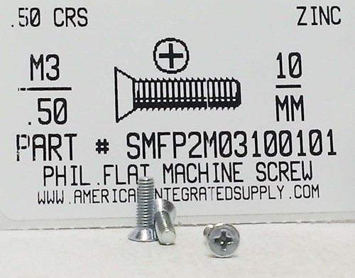 M3-.50X10mm FLAT HEAD PHILLIPS MACHINE SCREW STEEL ZINC D965