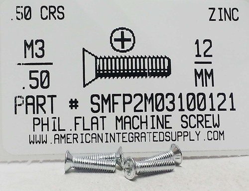 M3-.50X12mm FLAT HEAD PHILLIPS MACHINE SCREW STEEL ZINC D965