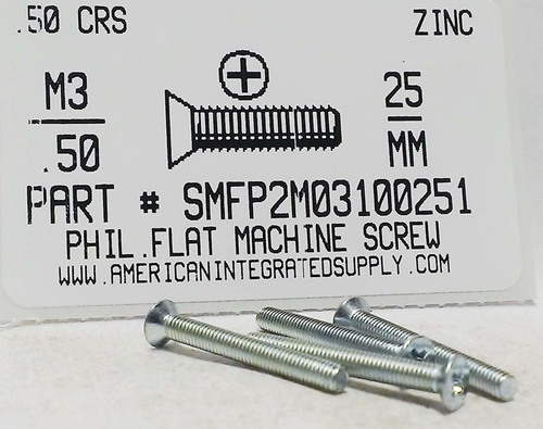 M3-.50X25mm FLAT HEAD PHILLIPS MACHINE SCREW STEEL ZINC D965