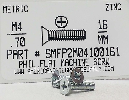 M4-.70X16mm FLAT HEAD PHILLIPS MACHINE SCREW STEEL ZINC D965