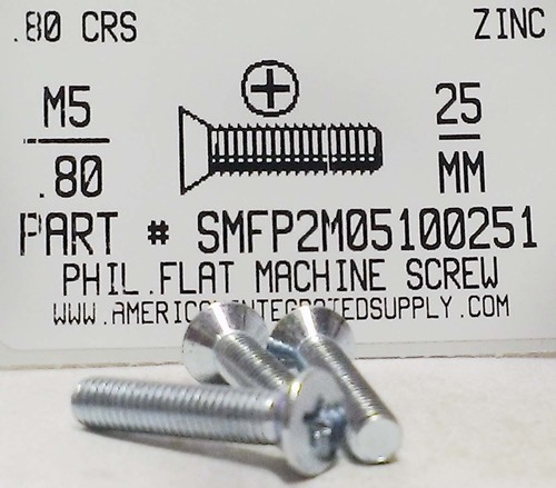 M5-.80X25mm FLAT HEAD PHILLIPS MACHINE SCREW STEEL ZINC D965