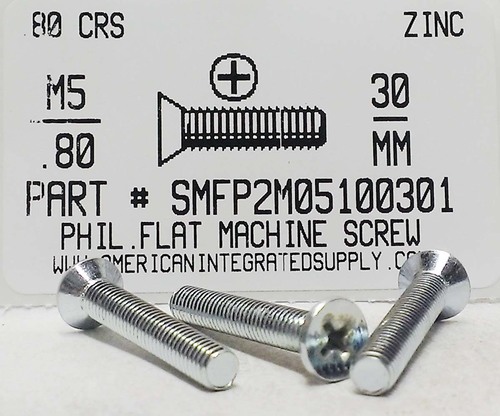 M5-.80X30mm FLAT HEAD PHILLIPS MACHINE SCREW STEEL ZINC D965