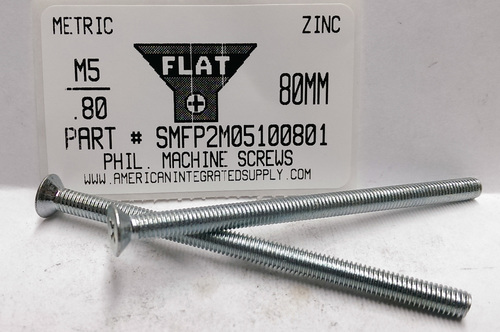 M5-.80X80mm FLAT HEAD PHILLIPS MACHINE SCREW STEEL ZINC D965