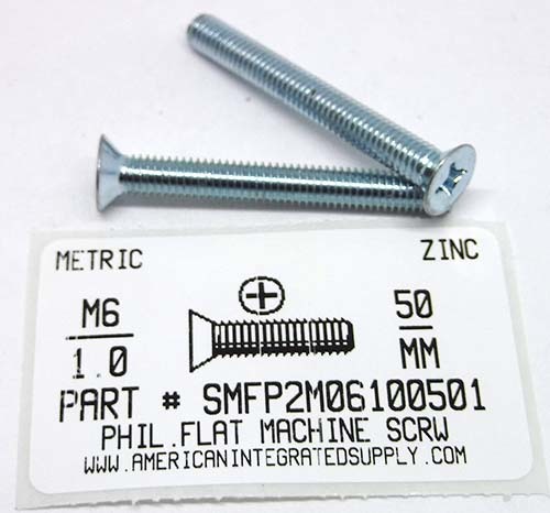 M6-1.00X50mm FLAT HEAD PHILLIPS MACHINE SCREW STEEL ZINC D965