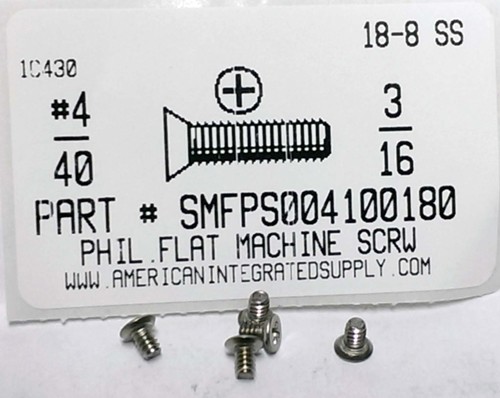 #4-40X3/16 UNDERCUT FLAT HEAD PHILLIPS MACHINE SCREW 18-8 STAINLESS STEEL