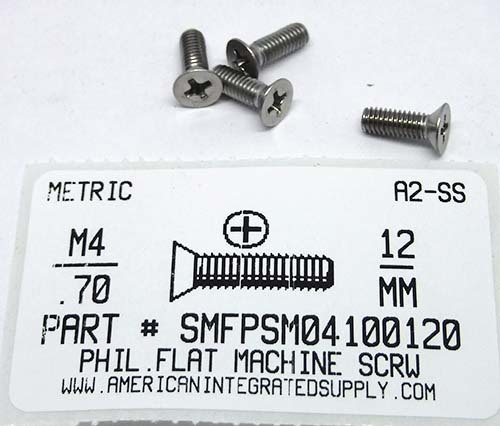 M4-.70X12mm FLAT HEAD PHILLIPS MACHINE SCREW A2 STAINLESS STEEL D965