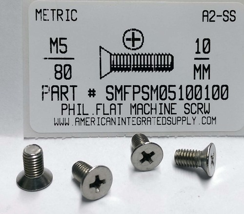 M5-.80X10mm FLAT HEAD PHILLIPS MACHINE SCREW A2 STAINLESS STEEL D-965