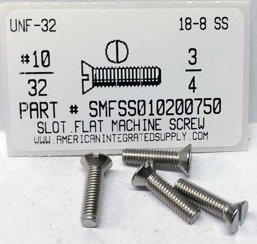 #10-32X3/4 FLAT HEAD SLOTTED MACHINE SCREW 18-8 STAINLESS STEEL