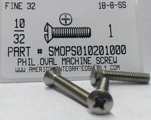 #10-32X1 OVAL HEAD PHILLIPS MACHINE SCREW 18-8 STAINLESS STEEL