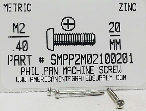 M2-.40X20mm PAN HEAD PHILLIPS MACHINE SCREW STEEL ZINC D7985