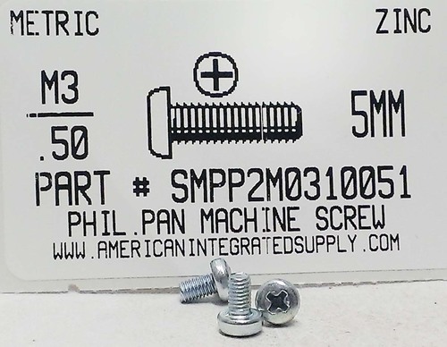 M3-.50X5mm PAN HEAD PHILLIPS MACHINE SCREW STEEL ZINC D7985