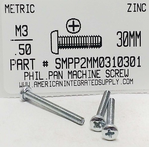 M3-.50X30mm PAN HEAD PHILLIPS MACHINE SCREW STEEL ZINC D7985