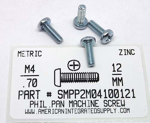 M4-.70X12mm PAN HEAD PHILLIPS MACHINE SCREW STEEL ZINC D7985