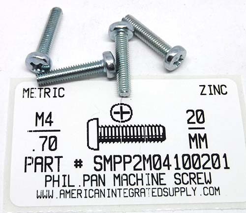 M4-.70X20mm PAN HEAD PHILLIPS MACHINE SCREW STEEL ZINC D7985