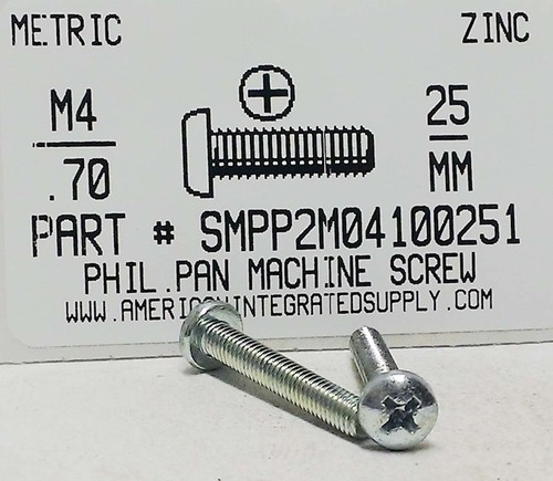 M4-.70X25mm PAN HEAD PHILLIPS MACHINE SCREW STEEL ZINC D7985