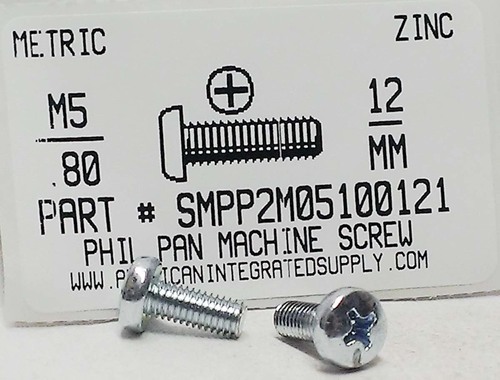 M5-.80X12mm PAN HEAD PHILLIPS MACHINE SCREW STEEL ZINC D7985